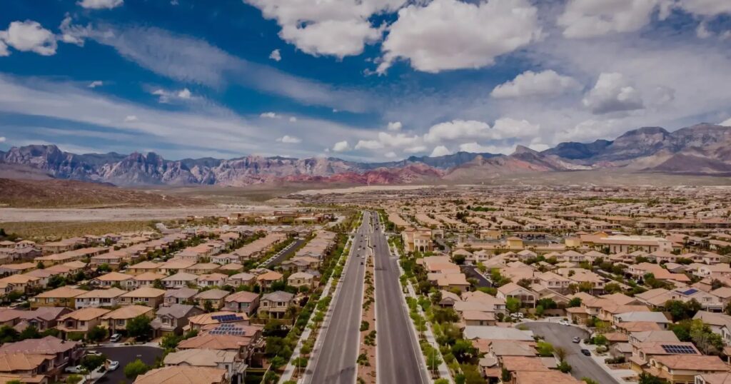 Aerial view of Summerlin homes and Red Rock Canyon, Las Vegas – moving from California to Las Vegas
